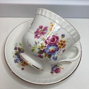 Vintage Crown Staffordshire Tea Cup & Saucer Pink Blue Yellow Flowers England